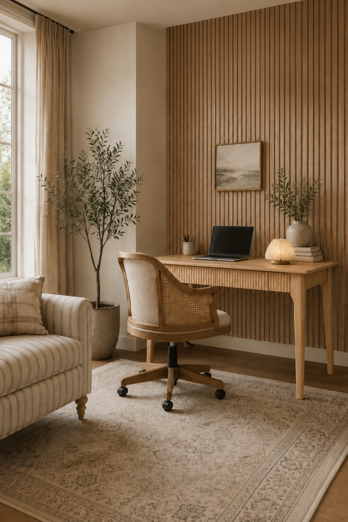 Small Office Curation Desk Rattan Chair Loveseat Olive Tree Wooden