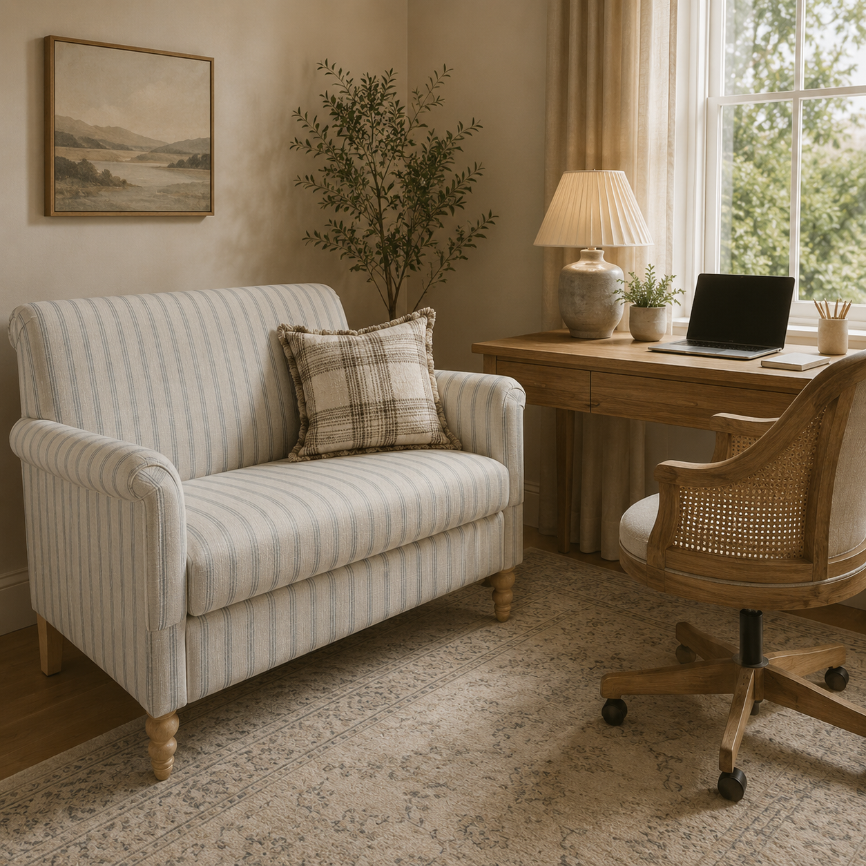 Striped white and green loveseat