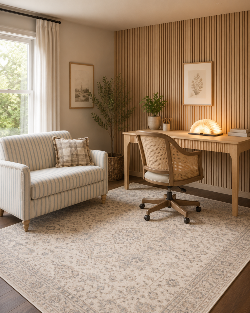 small office with loveseat chair desk rug